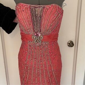 Glamorous Strapless Beaded Dress in Coral